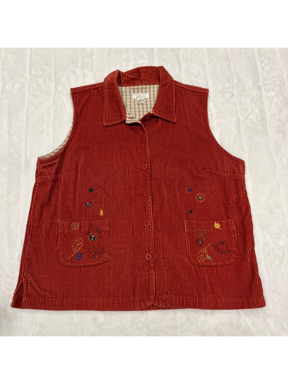 Christopher & Banks Corduroy Vest XL Women's Red Cotton Embroidered Pockets
